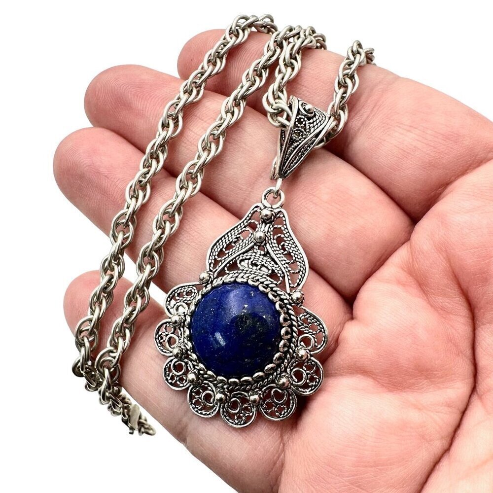 Designer DGS Turkey Womens Necklace Blue Lapis Lazuli Sterling Silver 32 Grams
